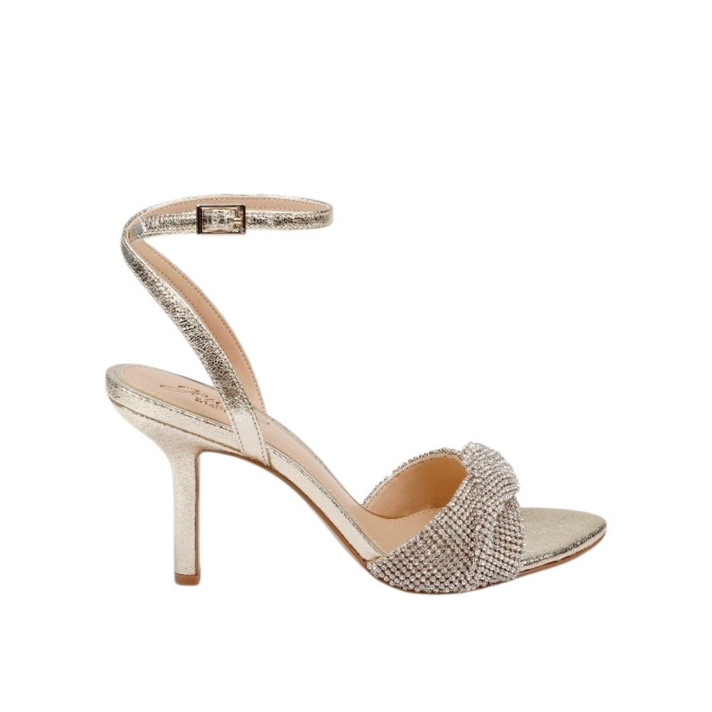 Badgley Mischka‎ April Metallic Mesh Stiletto Sandals Gold Rhinestone Bow  9.5